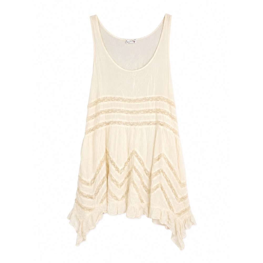 Intimately Free People Cream Lace Ruffle Sharkbite Hem Tank Top Tunic Womens L